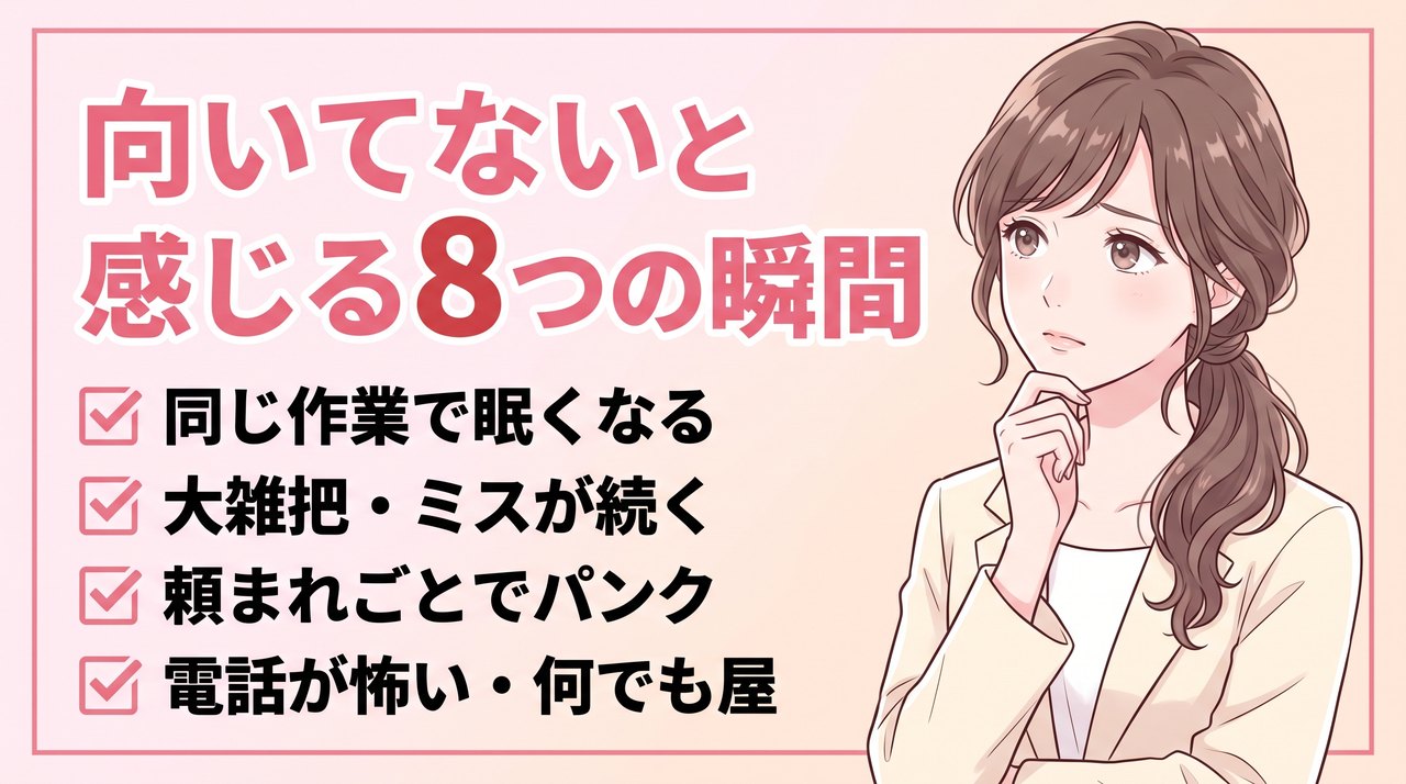 事務に向いてないと感じる8つの瞬間：眠くなる、大雑把、頼まれごとでパンク、電話が怖い、何でも屋