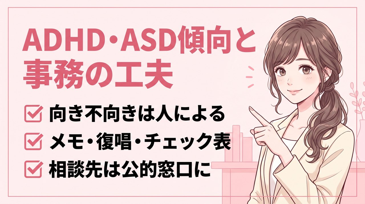 ADHD・ASDの傾向があると事務は向いてない？困りやすい場面と工夫、相談先