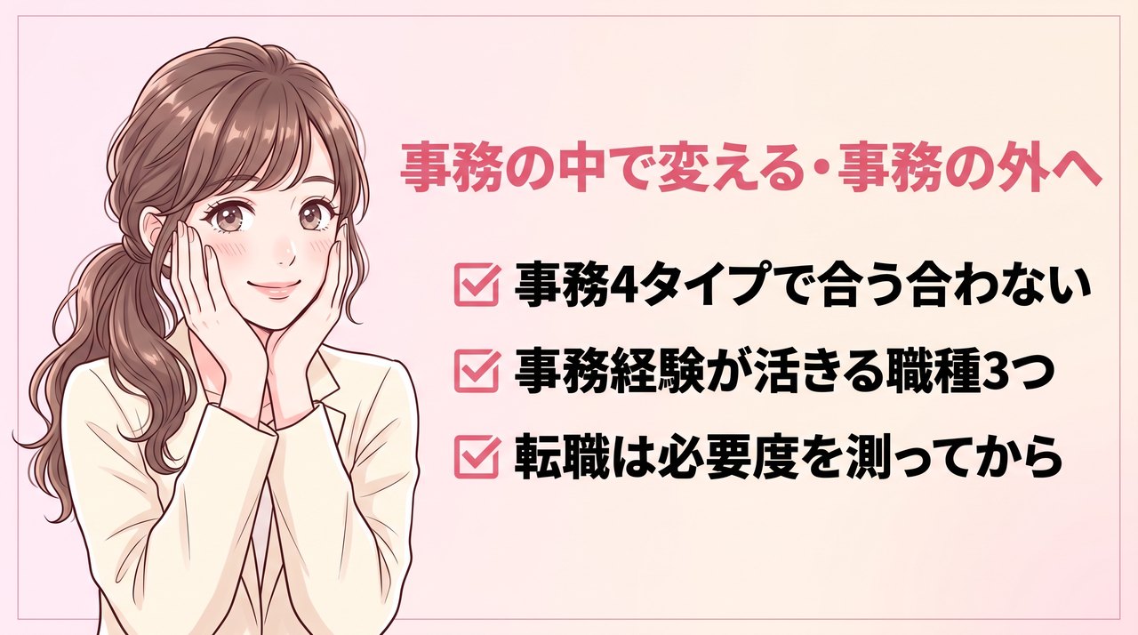 それでも事務に合わないと感じたら：事務の4タイプで変える、事務経験が活きる職種、転職必要度