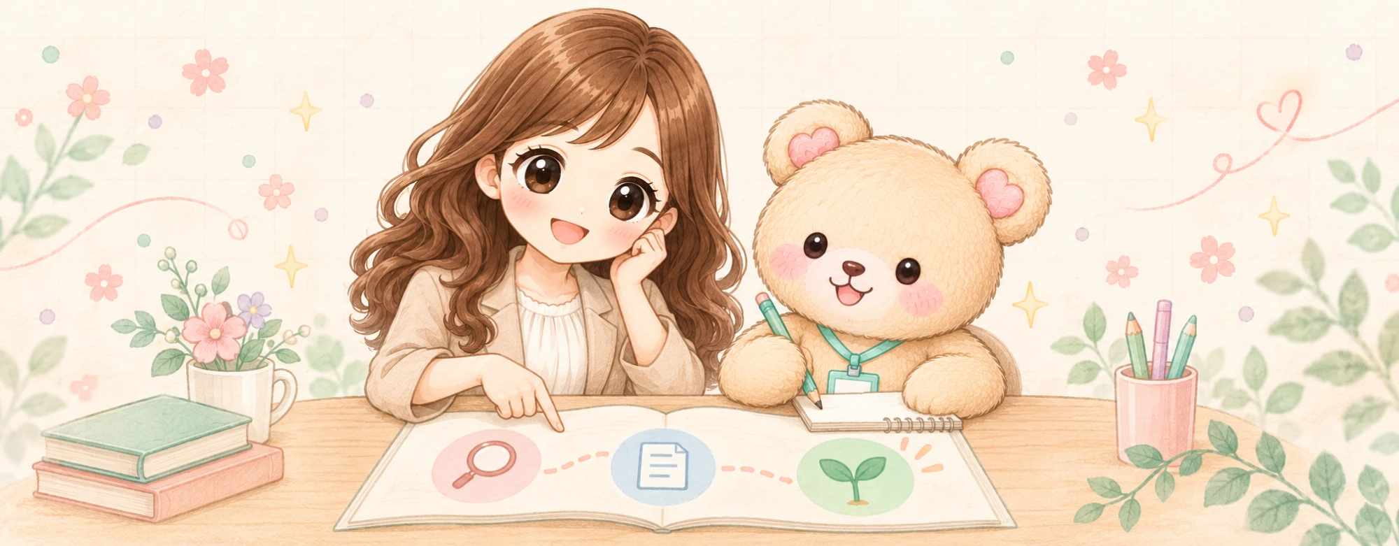 かなたんとくまきちが、事務職を目指す人のキャリアマップを一緒に確認しているイラスト