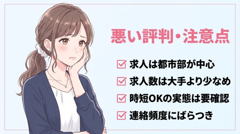 リアルミーキャリアの悪い評判・注意点|求人は都市部中心・求人数は少なめ・時短OKの実態確認・連絡頻度のばらつき