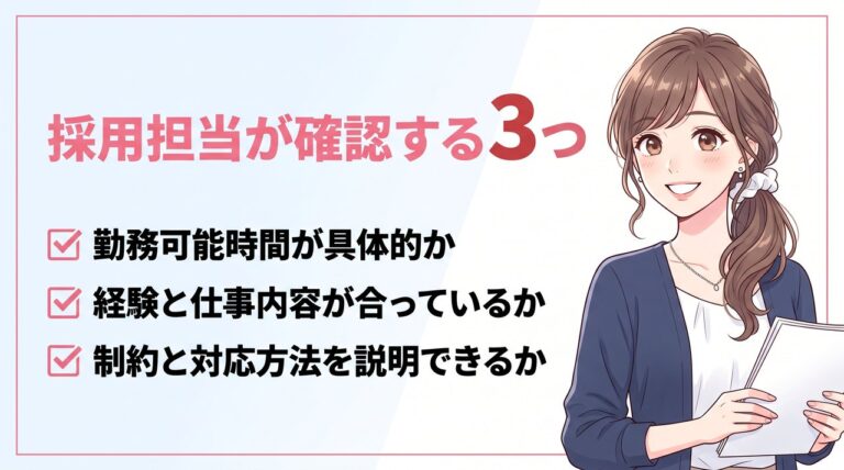 採用担当目線で見たリアルミーキャリアの本音|時短希望の応募者について採用担当が確認する3つ(勤務可能時間・経験と仕事内容の一致・制約と対応方法)