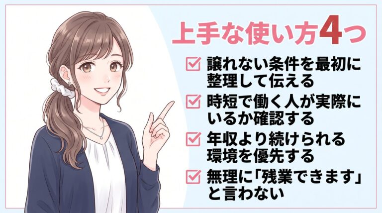 リアルミーキャリアの上手な使い方4つ|譲れない条件の整理・時短実績の確認・続けられる環境の優先・面接で無理をしない