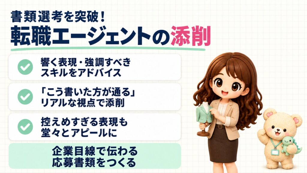 書類選考を突破するための転職エージェントの添削。響く表現・強調すべきスキルのアドバイス、「こう書いた方が通る」リアルな視点での添削、控えめすぎる表現も堂々とアピールに。小さなトルソーを持つかなたんと、恐竜のおもちゃを持つくまきちのイラスト