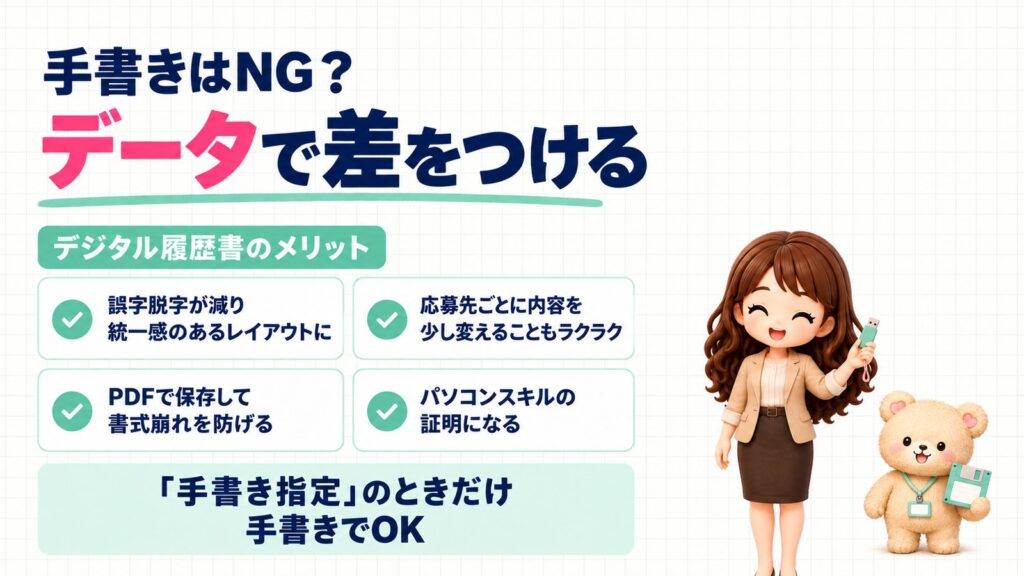 手書きはNG？データで差をつける履歴書作成術。デジタル履歴書のメリット（誤字脱字が減る・応募先ごとに変えやすい・PDFで書式崩れを防げる・パソコンスキルの証明）と、「手書き指定」のときだけ手書きでOK。USBメモリを持つかなたんと、フロッピーディスクを持つくまきちのイラスト