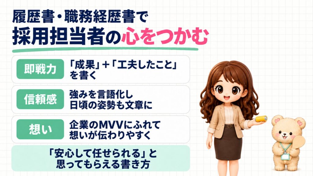 採用担当者の心をつかむ履歴書・職務経歴書の書き方の図解。即戦力（「成果」＋「工夫したこと」を書く）・信頼感（強みを言語化し日頃の姿勢も文章に）・想い（企業のMVVにふれる）。電池を持つかなたんと、しゃもじを持つくまきちのイラスト