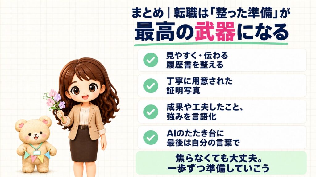 まとめ：履歴書・職務経歴書は「整った準備」が最高の武器になる。見やすく伝わる履歴書・丁寧に用意された証明写真・成果や工夫と強みの言語化・AIのたたき台を自分の言葉で。スイートピーを持つかなたんと、ガーランドを持つくまきちのイラスト