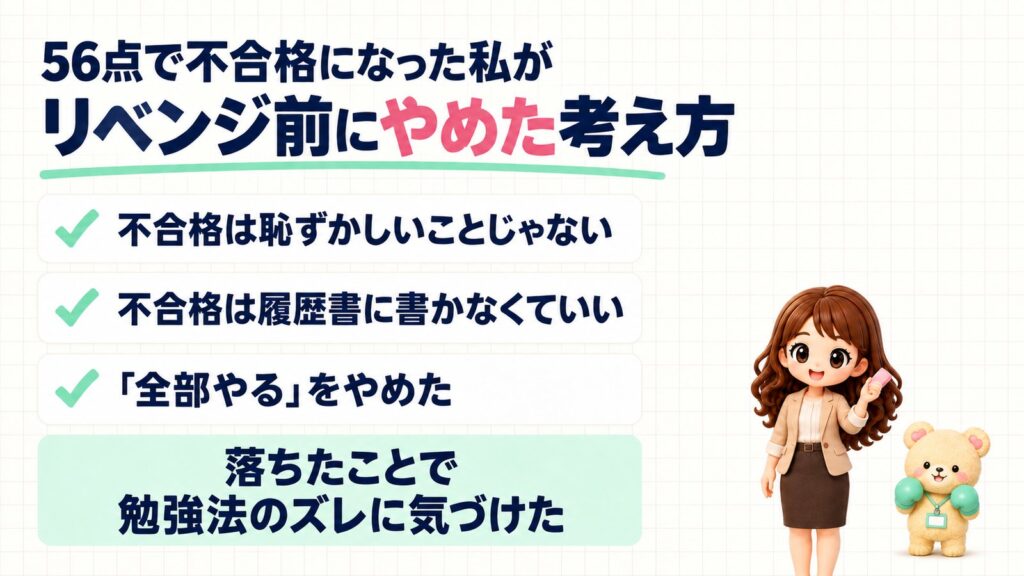 56点で不合格になった私が、簿記2級のリベンジ前にやめた考え方。不合格は恥ずかしいことじゃない、不合格は履歴書に書かなくていい、「全部やる」をやめた。落ちたことで勉強法のズレに気づけた。消しゴムで古い考え方を消すしぐさのかなたんと、ボクシンググローブで構えるくまきちのイラスト。