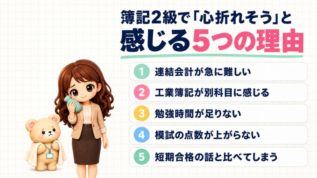 簿記2級で「心折れそう」と感じる5つの理由。①連結会計が急に難しい、②工業簿記が別科目に感じる、③勉強時間が足りない、④模試の点数が上がらない、⑤短期合格の話と比べてしまう。湯たんぽをほほに当てるかなたんと、毛布をはおって見上げるくまきちのイラスト。