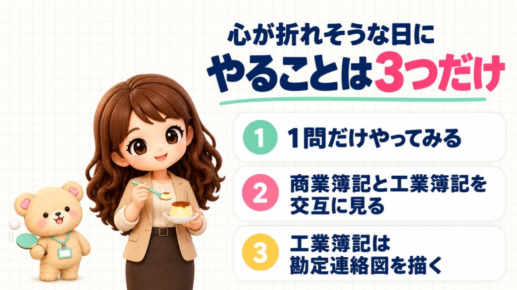 簿記2級で心が折れそうな日にやることは3つだけ。①1問だけやってみる、②商業簿記と工業簿記を交互に見る、③工業簿記は勘定連絡図を描く。プリンをひと口すくうかなたんと、卓球のラケットでボールをはずませるくまきちのイラスト。