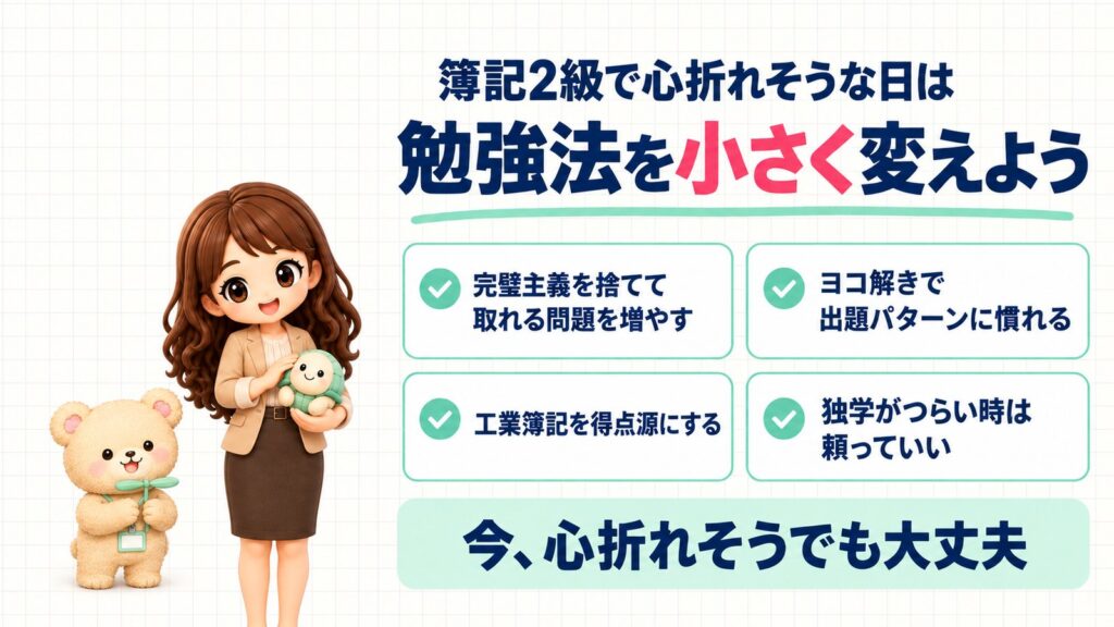簿記2級で心折れそうな日は勉強法を小さく変えようのまとめ。完璧主義を捨てて取れる問題を増やす、ヨコ解きで出題パターンに慣れる、工業簿記を得点源にする、独学がつらい時は頼っていい。今、心折れそうでも大丈夫。カメのぬいぐるみをかかえるかなたんと、竹とんぼを飛ばそうとするくまきちのイラスト。