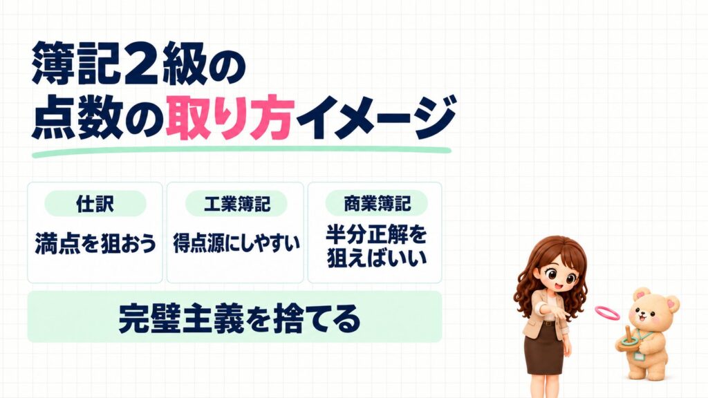 簿記2級の点数の取り方イメージ。仕訳は満点を狙おう、工業簿記は得点源にしやすい、商業簿記は半分正解を狙えばいい。完璧主義を捨てる。輪投げの輪を投げるかなたんと、輪投げの的を持つくまきちのイラスト。