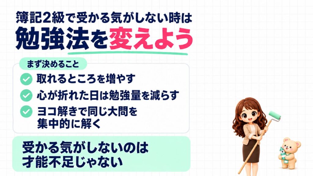 簿記2級で受かる気がしない時は勉強法を変えよう。まず決めることは、取れるところを増やす、心が折れた日は勉強量を減らす、ヨコ解きで同じ大問を集中的に解く。受かる気がしないのは才能不足じゃない。ペンキのローラーをかまえるかなたんと、灯台の模型を抱えるくまきちのイラスト。
