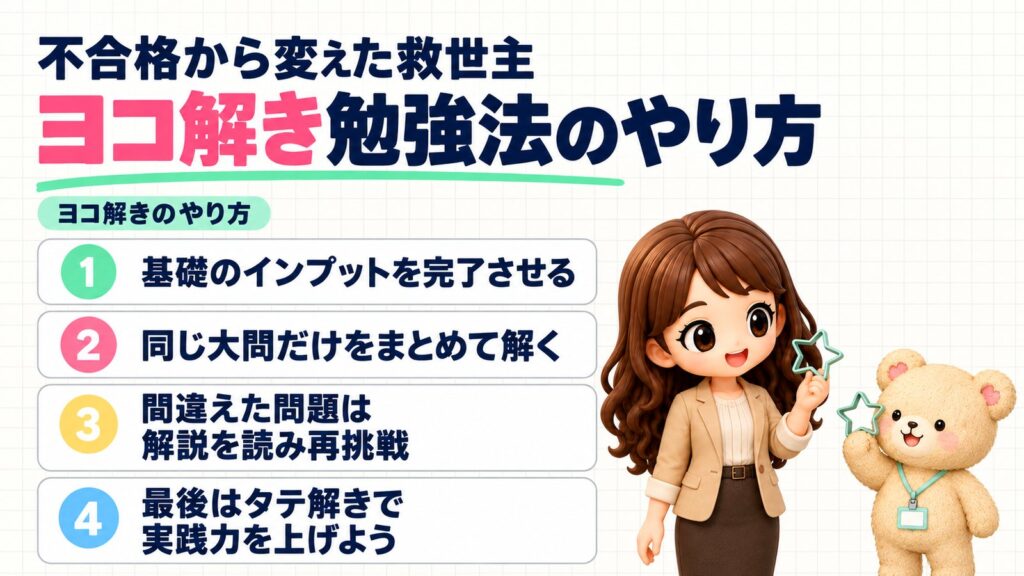 簿記2級の不合格から変えた救世主、ヨコ解き勉強法のやり方。ヨコ解きのやり方は、①基礎のインプットを完了させる、②同じ大問だけをまとめて解く、③間違えた問題は解説を読み再挑戦、④最後はタテ解きで実践力を上げよう。同じ星形の型抜きを見比べるかなたんとくまきちのイラスト。