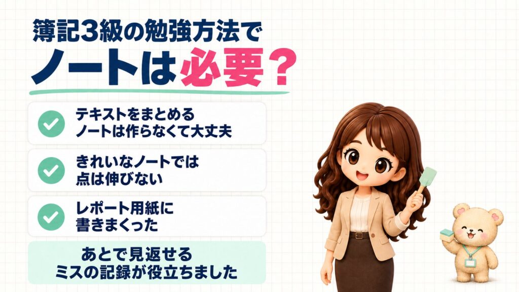 簿記3級の勉強方法でノートは必要?テキストをまとめるノートは作らなくて大丈夫、きれいなノートでは点は伸びない、レポート用紙に書きまくった、とまとめた図解。フライ返しを持つかなたんと、スポンジを持つくまきち