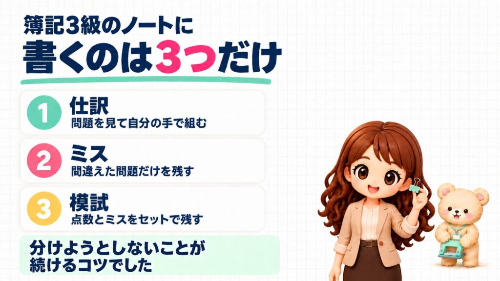 簿記3級のノートに書くのは3つだけ。①仕訳 ②ミス ③模試と、分けようとしないことが続けるコツだったことをまとめた図解。ダブルクリップを持つかなたんと、穴あけパンチを持つくまきち