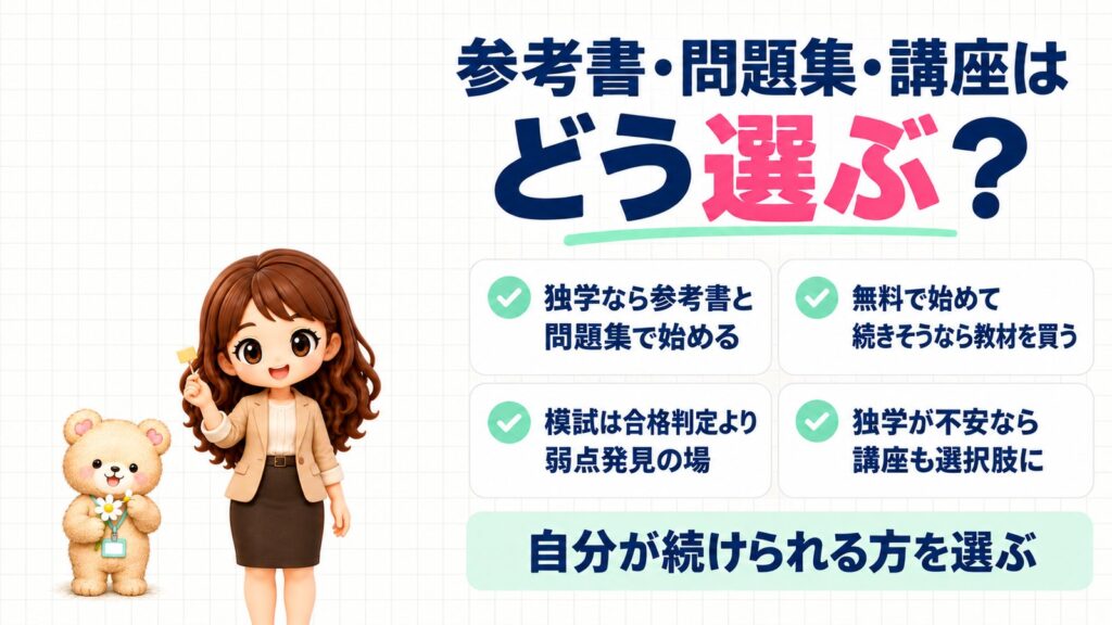 簿記3級の参考書・問題集・講座の選び方。独学なら参考書と問題集で始める、無料で始めて続きそうなら教材を買う、模試は弱点発見の場、独学が不安なら講座も選択肢、をまとめた図解。試食のチーズを持つかなたんと、マーガレットの花を持つくまきち
