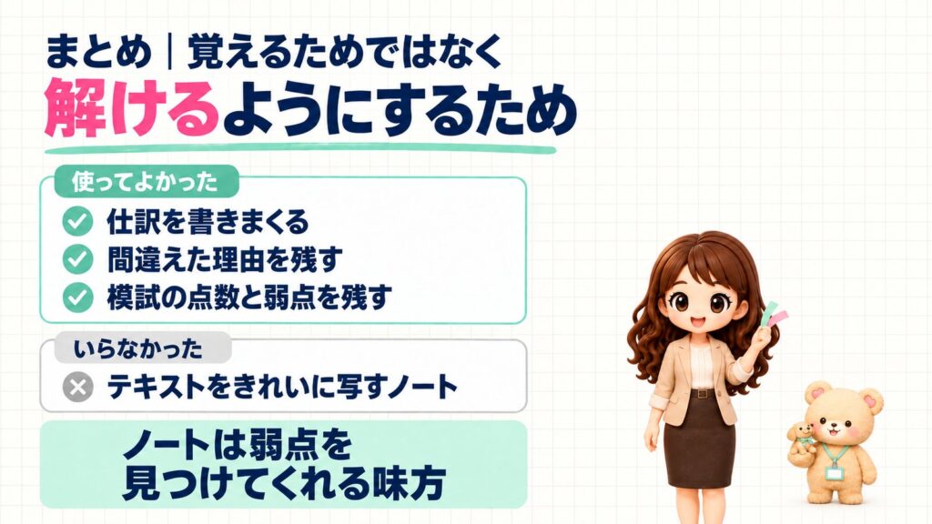 まとめ:簿記3級のノートは覚えるためではなく解けるようにするために使う。使ってよかった3つ(仕訳を書きまくる・間違えた理由を残す・模試の点数と弱点を残す)と、いらなかったノートの図解。紙テープを持つかなたんと、子犬の置き物を持つくまきち
