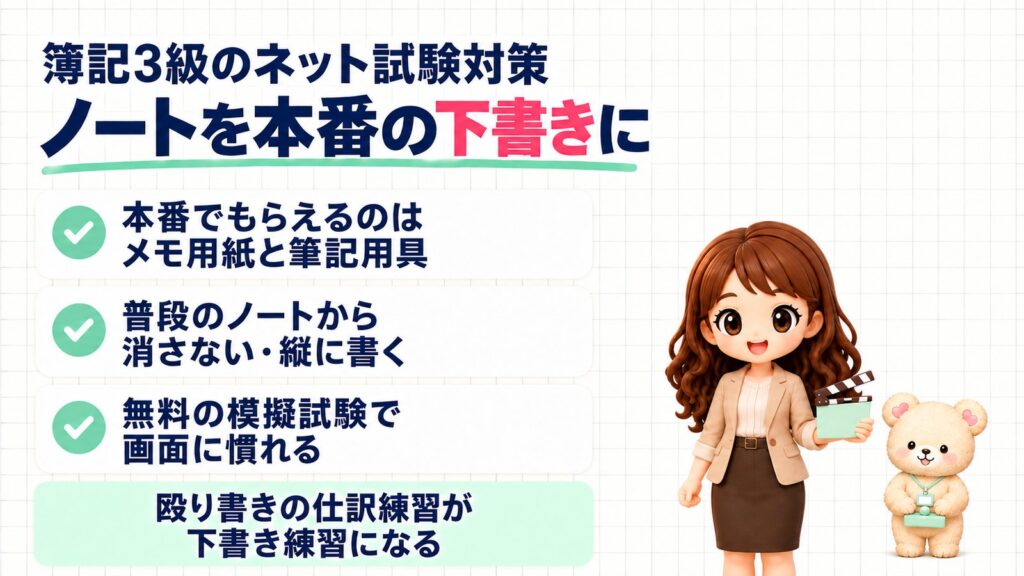 簿記3級のネット試験(CBT)対策。本番でもらえるのはメモ用紙と筆記用具、普段のノートから消さない・縦に書く、無料の模擬試験で画面に慣れる、をまとめた図解。カチンコを持つかなたんと、文鎮を持つくまきち