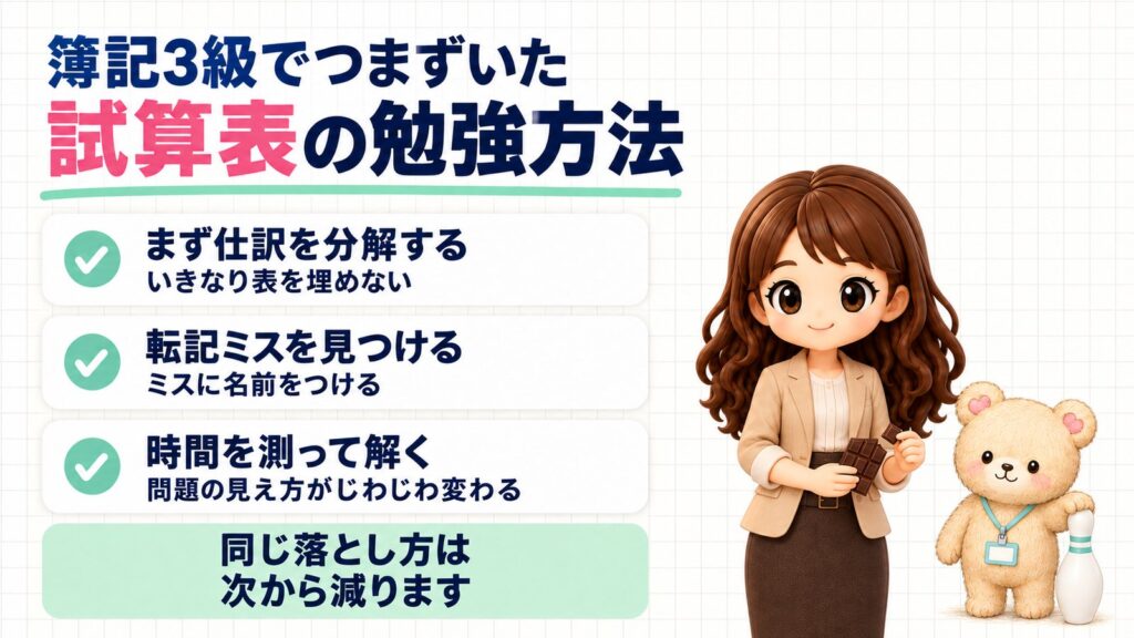 簿記3級の試算表の勉強方法。まず仕訳を分解する、転記ミスを見つける、時間を測って解く、をまとめた図解。板チョコを持つかなたんと、ボウリングのピンと並ぶくまきちのイラスト。