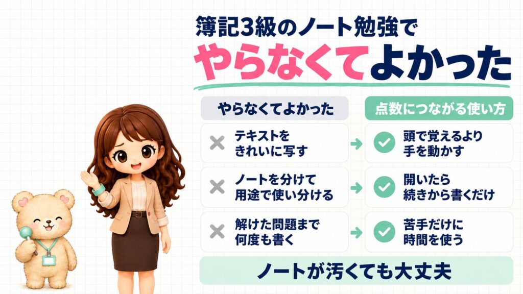 簿記3級でやらなくてよかったノート勉強(テキストをきれいに写す・ノートを分けて用途で使い分ける・解けた問題まで何度も書く)と、点数につながる使い方をまとめた図解。片手を上げるかなたんと、肩たたきを持つくまきちのイラスト。