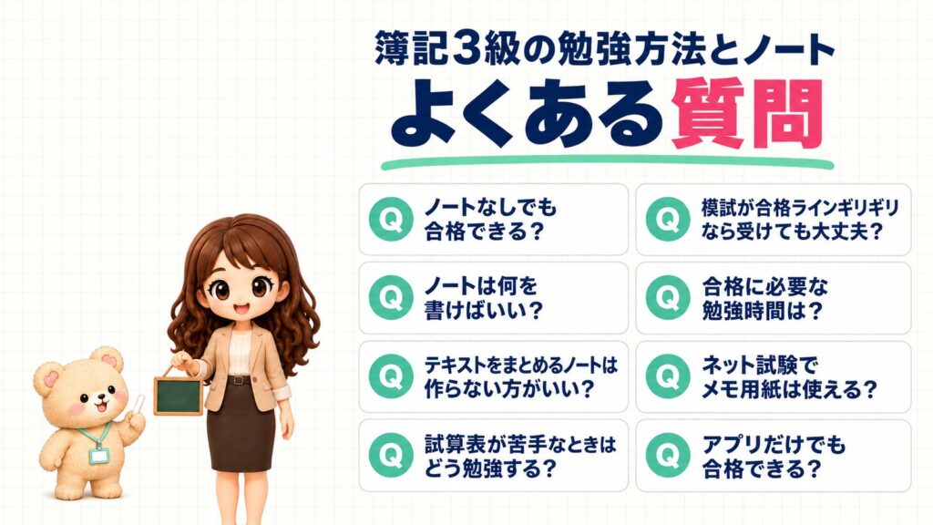 簿記3級の勉強方法とノートでよくある質問(ノートなしでも合格できる?・試算表が苦手なときは?・ネット試験でメモ用紙は使える?など)の図解。小さな黒板を持つかなたんと、チョークを持つくまきち