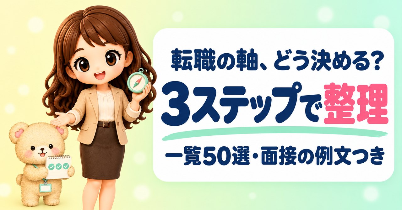 転職の軸、どう決める？3ステップで整理・一覧50選・面接の例文つき。方位磁石を持つかなたんと、チェックのメモ帳を持つくまきちのイラスト