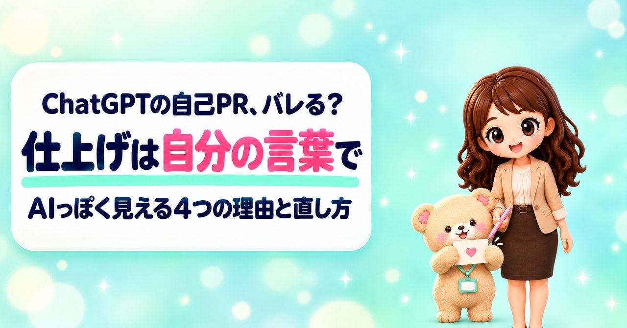 ChatGPTの自己PR、バレる？ 仕上げは自分の言葉で AIっぽく見える4つの理由と直し方（さくら色のペンで紙のハートを指してほほえむかなたんと、ハートを描いた紙を広げて見せるくまきちのイラスト）