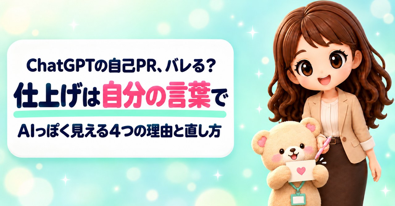 ChatGPTの自己PR、バレる？ 仕上げは自分の言葉で AIっぽく見える4つの理由と直し方（さくら色のペンで紙のハートを指してほほえむかなたんと、ハートを描いた紙を広げて見せるくまきちのイラスト）
