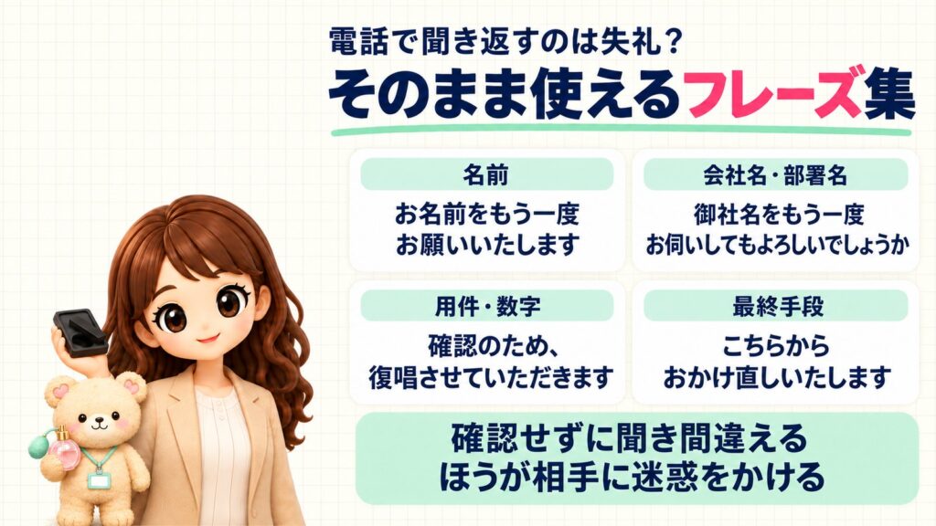 電話で聞き返すのは失礼？そのまま使えるフレーズ集。名前：お名前をもう一度お願いいたします。会社名・部署名：御社名をもう一度お伺いしてもよろしいでしょうか。用件・数字：確認のため、復唱させていただきます。最終手段：こちらからおかけ直しいたします。確認せずに聞き間違えるほうが相手に迷惑をかける。すずりと墨を見せるかなたんと、香水びんを持つくまきちのイラスト