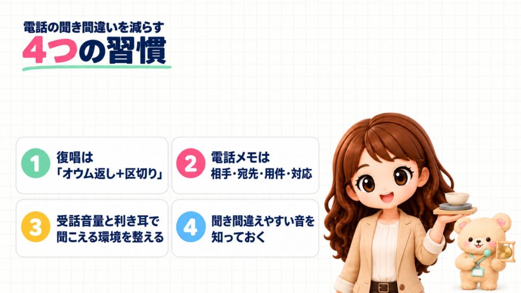 電話の聞き間違いを減らす4つの習慣。①復唱は「オウム返し＋区切り」②電話メモは相手・宛先・用件・対応③受話音量と利き耳で聞こえる環境を整える④聞き間違えやすい音を知っておく。ろくろの置物を見せるかなたんと、小さなどらを持つくまきちのイラスト