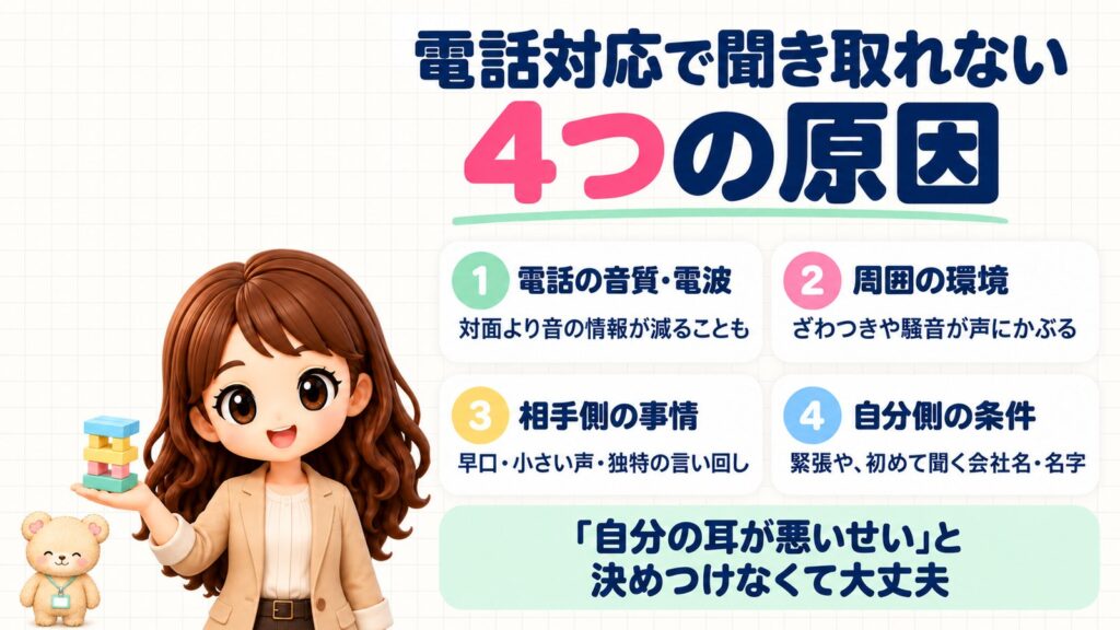 電話対応で聞き取れない4つの原因。①電話の音質・電波（対面より音の情報が減ることも）②周囲の環境（ざわつきや騒音が声にかぶる）③相手側の事情（早口・小さい声・独特の言い回し）④自分側の条件（緊張や、初めて聞く会社名・名字）。「自分の耳が悪いせい」と決めつけなくて大丈夫。木の塔の置物を持つかなたんと、肩の力を抜いたくまきちのイラスト
