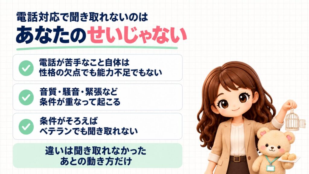電話対応で聞き取れないのはあなたのせいじゃない。電話が苦手なこと自体は性格の欠点でも能力不足でもない・音質や騒音や緊張など条件が重なって起こる・条件がそろえばベテランでも聞き取れない。違いは聞き取れなかったあとの動き方だけ。扉の開いた鳥かごを持つかなたんと、わらび餅のお皿を持つくまきちのイラスト