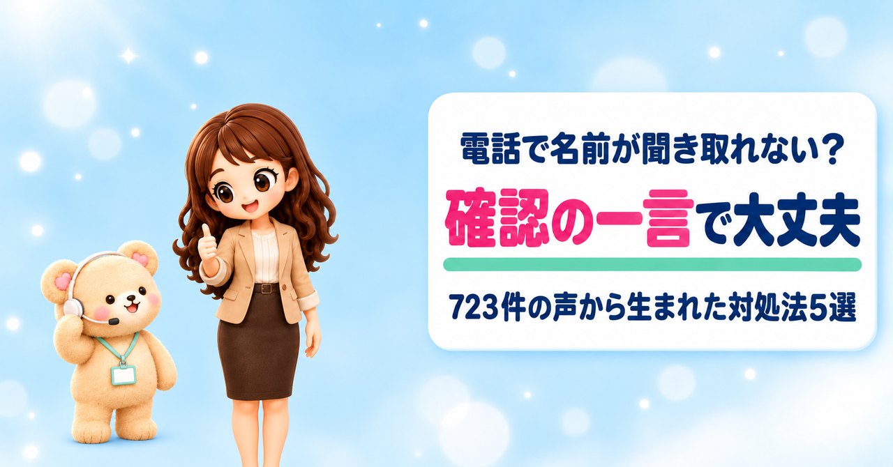 電話で名前が聞き取れない？ 確認の一言で大丈夫 723件の声から生まれた対処法5選（親指を立てて励ますかなたんと、ヘッドセットをつけて見上げるくまきちのイラスト）