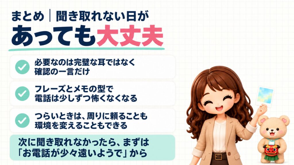 まとめ｜聞き取れない日があっても大丈夫。必要なのは完璧な耳ではなく確認の一言だけ・フレーズとメモの型で電話は少しずつ怖くなくなる・つらいときは周りに頼ることも環境を変えることもできる。次に聞き取れなかったら、まずは「お電話が少々遠いようで」から。小さな写真を見せるかなたんと、獅子舞の頭を持つくまきちのイラスト