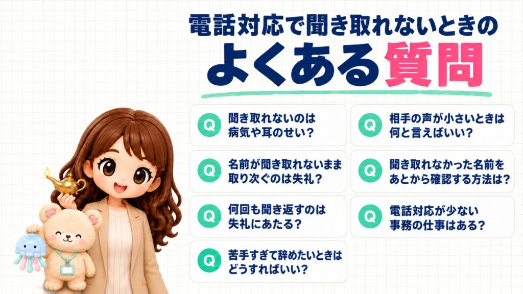 電話対応で聞き取れないときのよくある質問。聞き取れないのは病気や耳のせい？名前が聞き取れないまま取り次ぐのは失礼？何回も聞き返すのは失礼にあたる？苦手すぎて辞めたいときはどうすればいい？相手の声が小さいときは何と言えばいい？聞き取れなかった名前をあとから確認する方法は？電話対応が少ない事務の仕事はある？小さなランプを持つかなたんと、クラゲのぬいぐるみを持つくまきちのイラスト