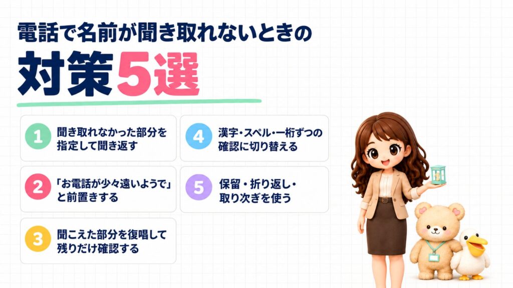 電話で名前が聞き取れないときの対策5選。①聞き取れなかった部分を指定して聞き返す②「お電話が少々遠いようで」と前置きする③聞こえた部分を復唱して残りだけ確認する④漢字・スペル・一桁ずつの確認に切り替える⑤保留・折り返し・取り次ぎを使う。電話ボックスの置物を見せるかなたんと、ペリカンのぬいぐるみに手をそえるくまきちのイラスト