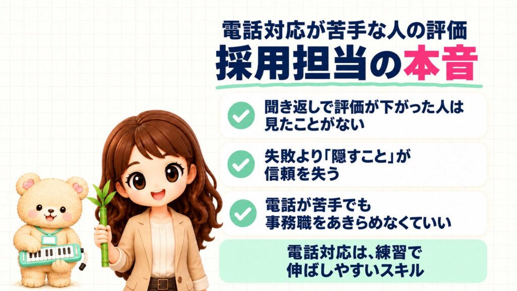 採用担当が明かす、電話対応が苦手な人の評価の本音。聞き返しで評価が下がった人は見たことがない・失敗より「隠すこと」が信頼を失う・電話が苦手でも事務職をあきらめなくていい。電話対応は、練習で伸ばしやすいスキル。青竹を持つかなたんと、鍵盤ハーモニカを持つくまきちのイラスト