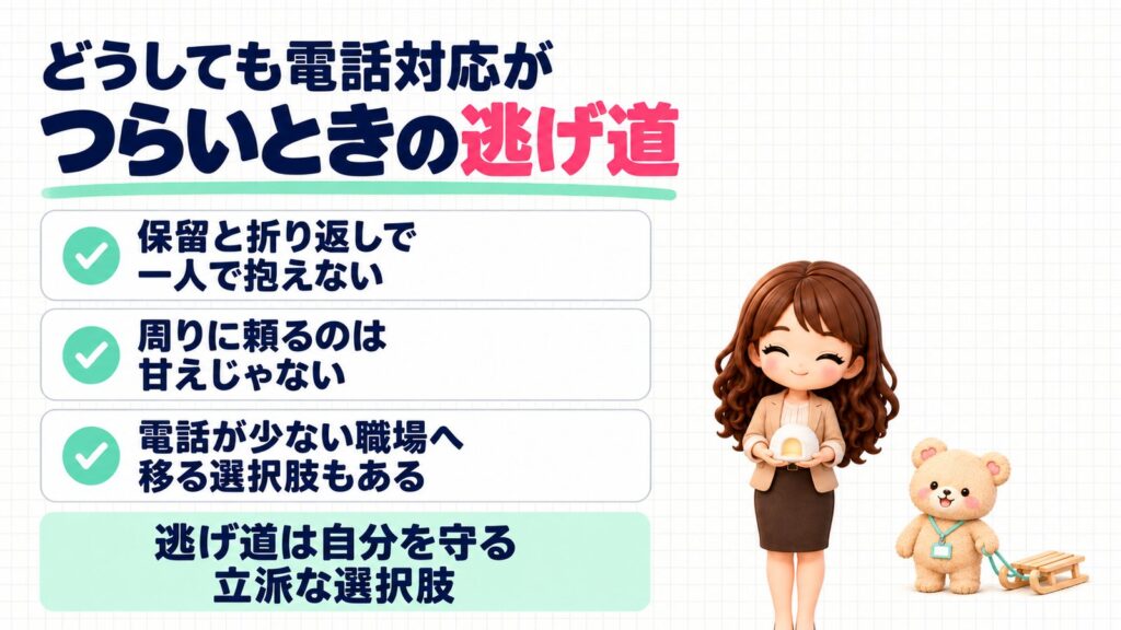 どうしても電話対応がつらいときの逃げ道。保留と折り返しで一人で抱えない・周りに頼るのは甘えじゃない・電話が少ない職場へ移る選択肢もある。逃げ道は自分を守る立派な選択肢。かまくらの置物を両手で持つかなたんと、木のそりのひもを持つくまきちのイラスト