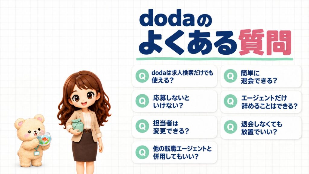 dodaのよくある質問。dodaは求人検索だけでも使える?応募しないといけない?担当者は変更できる?他の転職エージェントと併用してもいい?簡単に退会できる?エージェントだけ辞めることはできる?退会しなくても放置でいい?風呂敷の包みをかかえるかなたんと、金魚鉢を両手で持つくまきちのイラスト。