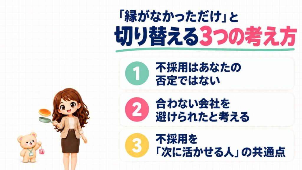 「縁がなかっただけ」と切り替える3つの考え方。①不採用はあなたの否定ではない、②合わない会社を避けられたと考える、③不採用を「次に活かせる人」の共通点。フライパンでパンケーキを裏返すかなたんと、ヨーヨーで遊ぶくまきちのイラスト。