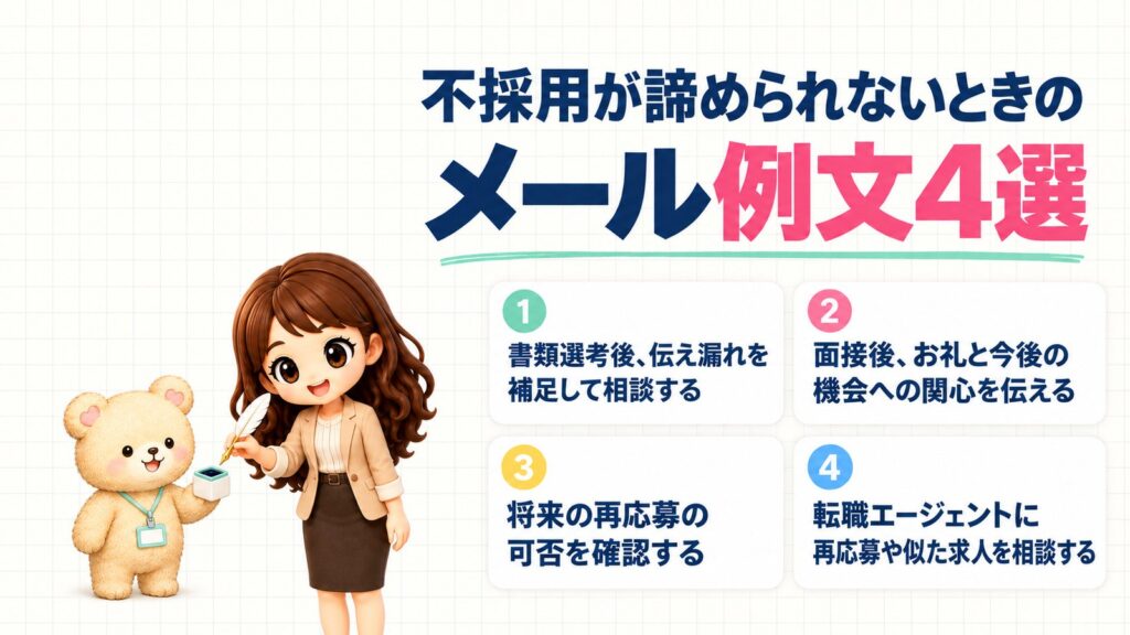 不採用が諦められないときのメール例文4選。①書類選考後、伝え漏れを補足して相談する、②面接後、お礼と今後の機会への関心を伝える、③将来の再応募の可否を確認する、④転職エージェントに再応募や似た求人を相談する。羽根ペンをインクつぼにひたすかなたんと、インクつぼを差し出すくまきちのイラスト。