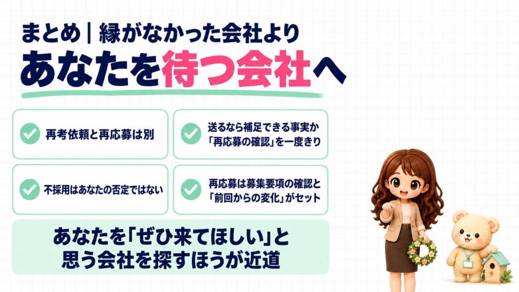 まとめ|縁がなかった会社より、あなたを待つ会社へ。再考依頼と再応募は別、送るなら補足できる事実か「再応募の確認」を一度きり、不採用はあなたの否定ではない、再応募は募集要項の確認と「前回からの変化」がセット。あなたを「ぜひ来てほしい」と思う会社を探すほうが近道。花のリースを持って手招きするかなたんと、巣箱の屋根をなでるくまきちのイラスト。