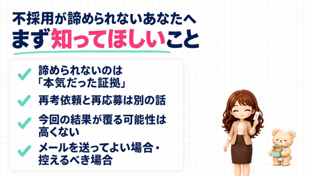 不採用が諦められないあなたへ、まず知ってほしいこと。諦められないのは「本気だった証拠」、再考依頼と再応募は別の話、今回の結果が覆る可能性は高くない、メールを送ってよい場合・控えるべき場合。押し花のしおりを見せるかなたんと、オルゴールに耳をすますくまきちのイラスト。