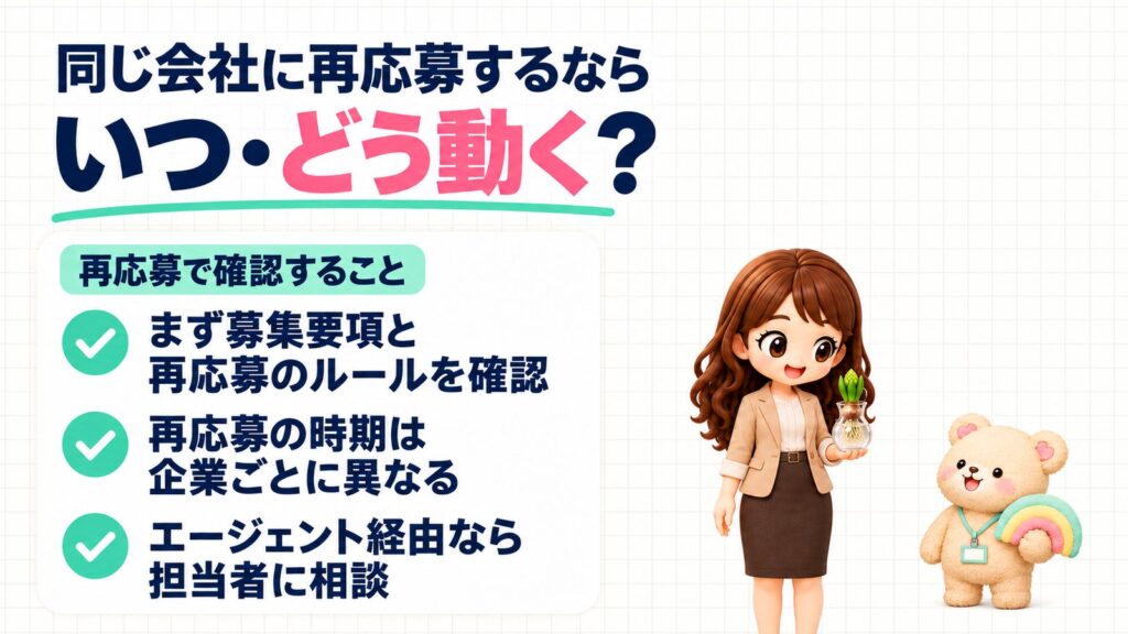 同じ会社に再応募するなら、いつ・どう動く?再応募で確認すること。まず募集要項と再応募のルールを確認、再応募の時期は企業ごとに異なる、エージェント経由なら担当者に相談。水栽培の球根を手にしたかなたんと、虹のぬいぐるみをかかえたくまきちのイラスト。