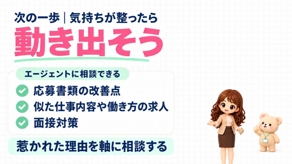 次の一歩|気持ちが整ったら動き出そう。エージェントに相談できる、応募書類の改善点・似た仕事内容や働き方の求人・面接対策。惹かれた理由を軸に相談する。こまを回そうとかまえるかなたんと、親指を立てて合図するくまきちのイラスト。