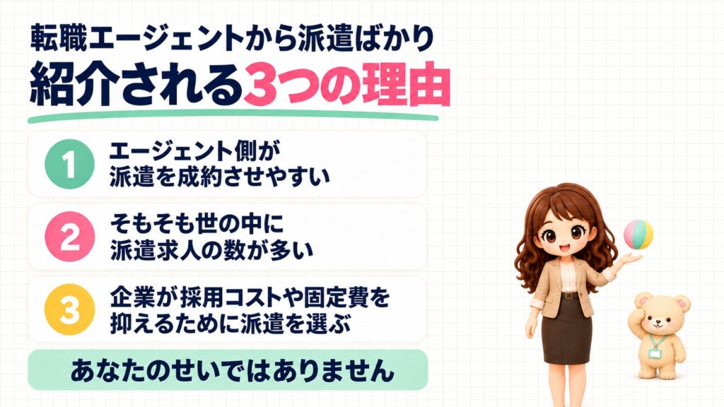 転職エージェントから派遣ばかり紹介される3つの理由。①エージェント側が派遣を成約させやすい、②そもそも世の中に派遣求人の数が多い、③企業が採用コストや固定費を抑えるために派遣を選ぶ。あなたのせいではありません。紙風船をぽんとつくかなたんと、ほっとしておでこをぬぐうくまきちのイラスト。