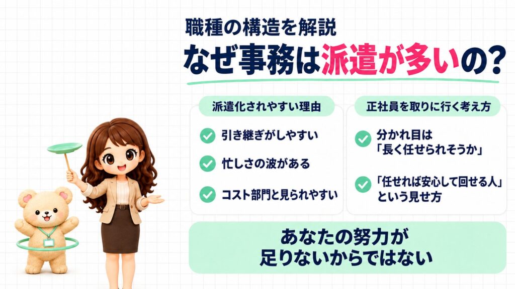 職種の構造を解説：なぜ事務は派遣が多いの？派遣化されやすい理由は、引き継ぎがしやすい、忙しさの波がある、コスト部門と見られやすい。正社員を取りに行く考え方は、分かれ目は「長く任せられそうか」、「任せれば安心して回せる人」という見せ方。あなたの努力が足りないからではない。皿回しをするかなたんと、まねしてフラフープを回すくまきちのイラスト。