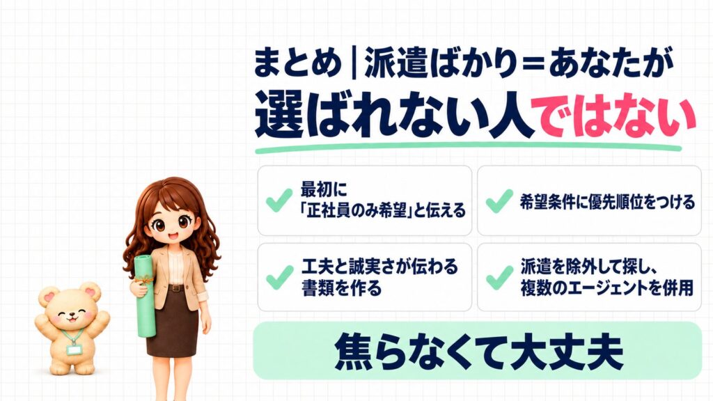 まとめ｜派遣ばかり＝あなたが選ばれない人ではない。最初に「正社員のみ希望」と伝える、希望条件に優先順位をつける、工夫と誠実さが伝わる書類を作る、派遣を除外して探し複数のエージェントを併用。焦らなくて大丈夫。ヨガマットをかかえるかなたんと、のびをするくまきちのイラスト。