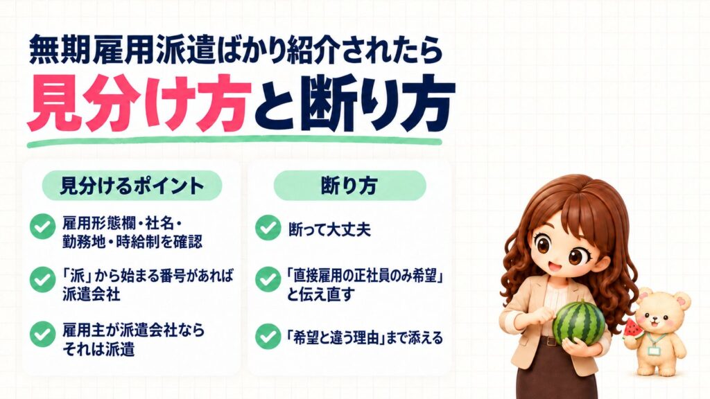 無期雇用派遣ばかり紹介されたら｜見分け方と断り方。見分けるポイントは、雇用形態欄・社名・勤務地・時給制を確認、「派」から始まる番号があれば派遣会社、雇用主が派遣会社ならそれは派遣。断り方は、断って大丈夫、「直接雇用の正社員のみ希望」と伝え直す、「希望と違う理由」まで添える。すいかをたたくかなたんと、切ったすいかを見せるくまきちのイラスト。